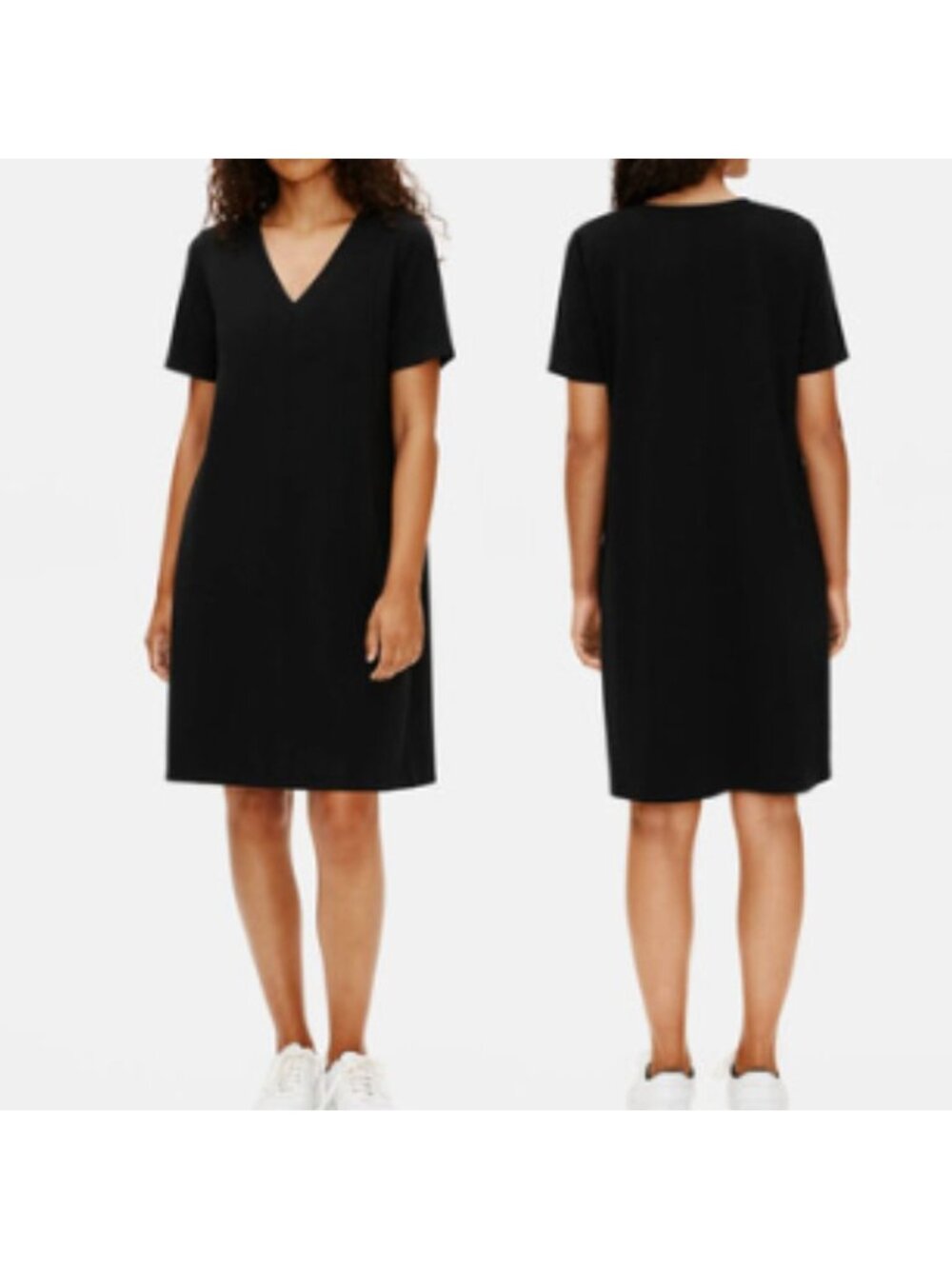 Eileen Fisher Shift Dress Black L Organic Cotton Minimalist Short Sleeve Relaxed